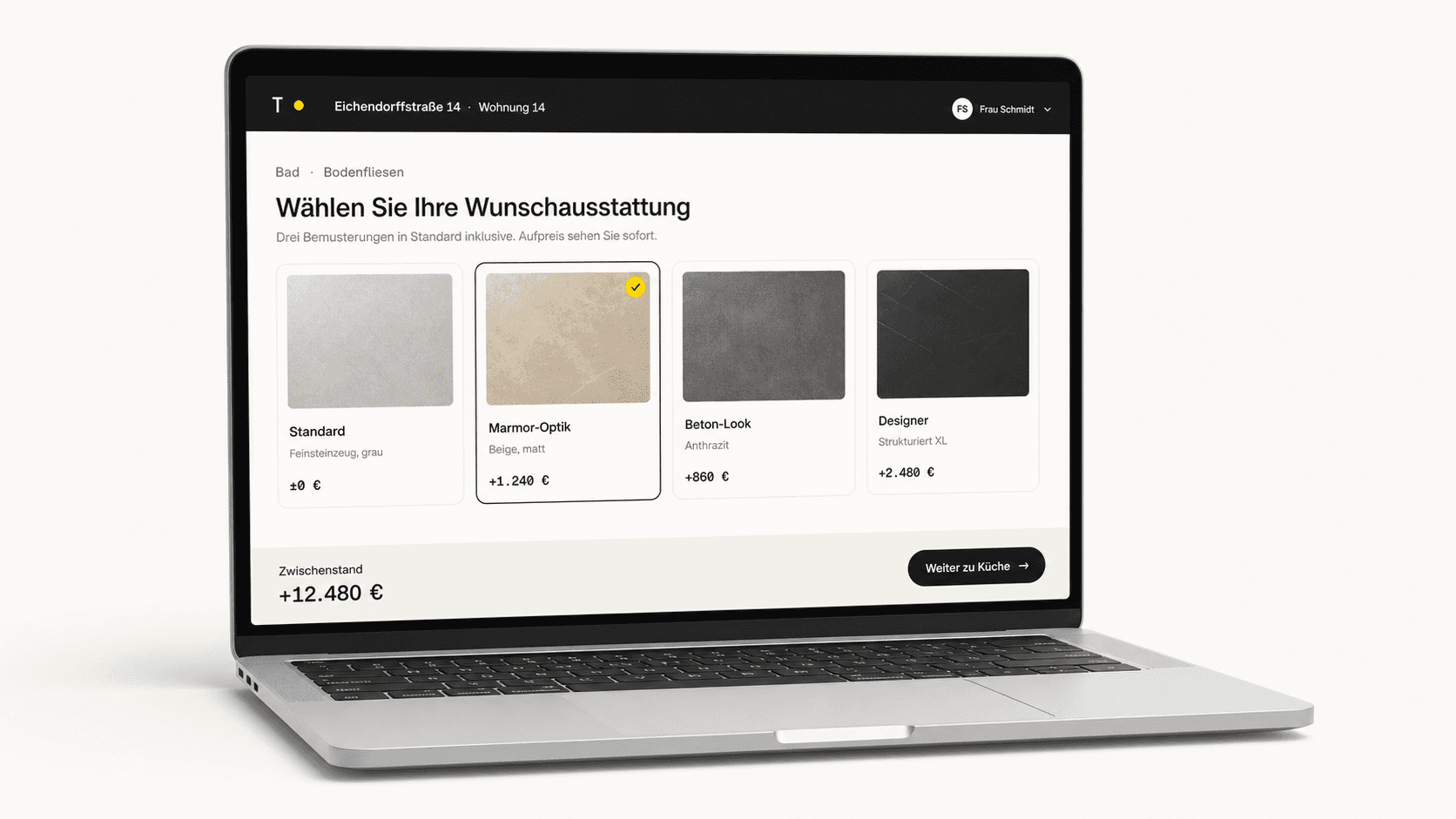 TWIZE Bemusterung — Käufer-Ansicht auf einem Laptop